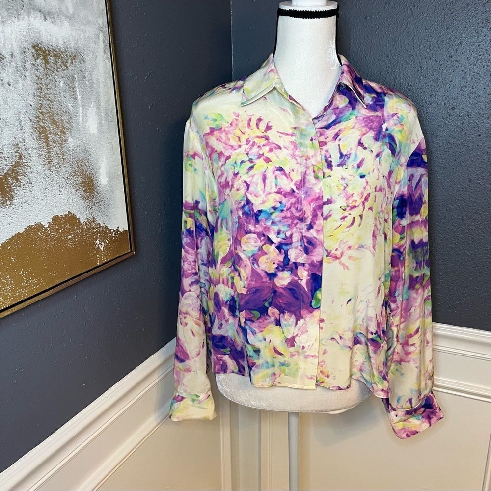 PARKER NY Watercolor Floral Print 100% Silk Blouse